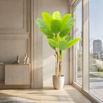 Plátano artificial de 190 cm/210 cm de alto, planta en maceta grande, ideal para patio interior y exterior, sala de estar y oficina.