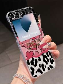 1pc Minimalist Matte PC Material Leopard Print Heart Slogan Foldable Phone Case, Protective And Anti-Drop, Compatible With Samsung Galaxy Zflip 3/Zflip 4/Zflip 5/Zflip 6/Zflip 7/ Razr 50 Ultra/ Razr 60 Ultra/ Razr 60/ Razr 50/Galaxy Z Flip7 FE - Pink - View 2