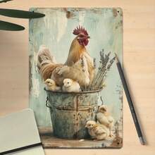 2D Plane, 1 Piece, 12x8 Inch Metal Sign For Rural Farmhouse Chickens And Chicks. Old 2D Printing Iron Wall Art, Weather-Resistant Indoor/Outdoor Decoration, Suitable For Pastures, Family Gardens, Random Hole Style. - Multicolor - View 3