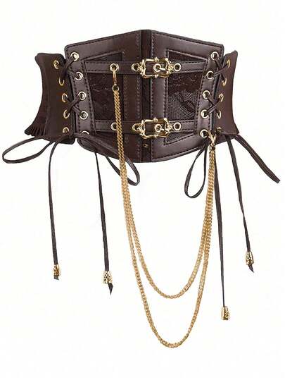 1pc Women's Coffee Brown Punk Style PU Leather Elastic Waist Belt With Chain Decor, Suitable For Halloween Party, Gathering Or Daily Wear