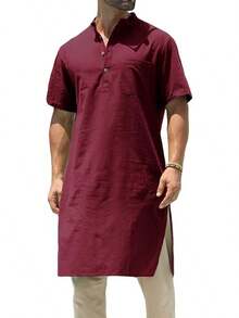 Mens Kurta Cotton Linen Henley Shirts Kaftan Short Sleeve Lounge Plain Gown Shirt-20256688 - 酒紅色 - 查看 1