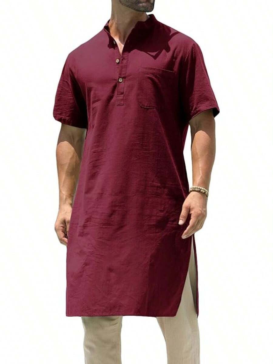 Mens Kurta Cotton Linen Henley Shirts Kaftan Short Sleeve Lounge Plain Gown Shirt-20256688 - 酒紅色 - 查看 1