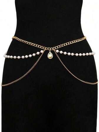 1 件女士简约百搭多层金属链和珍珠腰链，适合连衣裙和正式服装