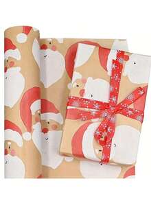 1 pieza 43*300cm Papel de regalo de Navidad con diseño de Papá Noel rojo y blanco - Papel adhesivo adecuado para Navidad, cumpleaños y decoración festiva, decoraciones navideñas, pijamas navideños, regalos de Navidad