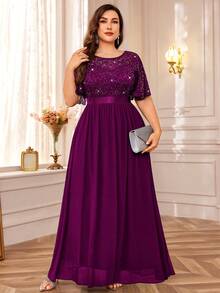 加亮片花卉蕾丝蝴蝶袖雪纺褶边晚会长裙，婚礼宾客礼服，适合生日、舞会、晚宴、节日