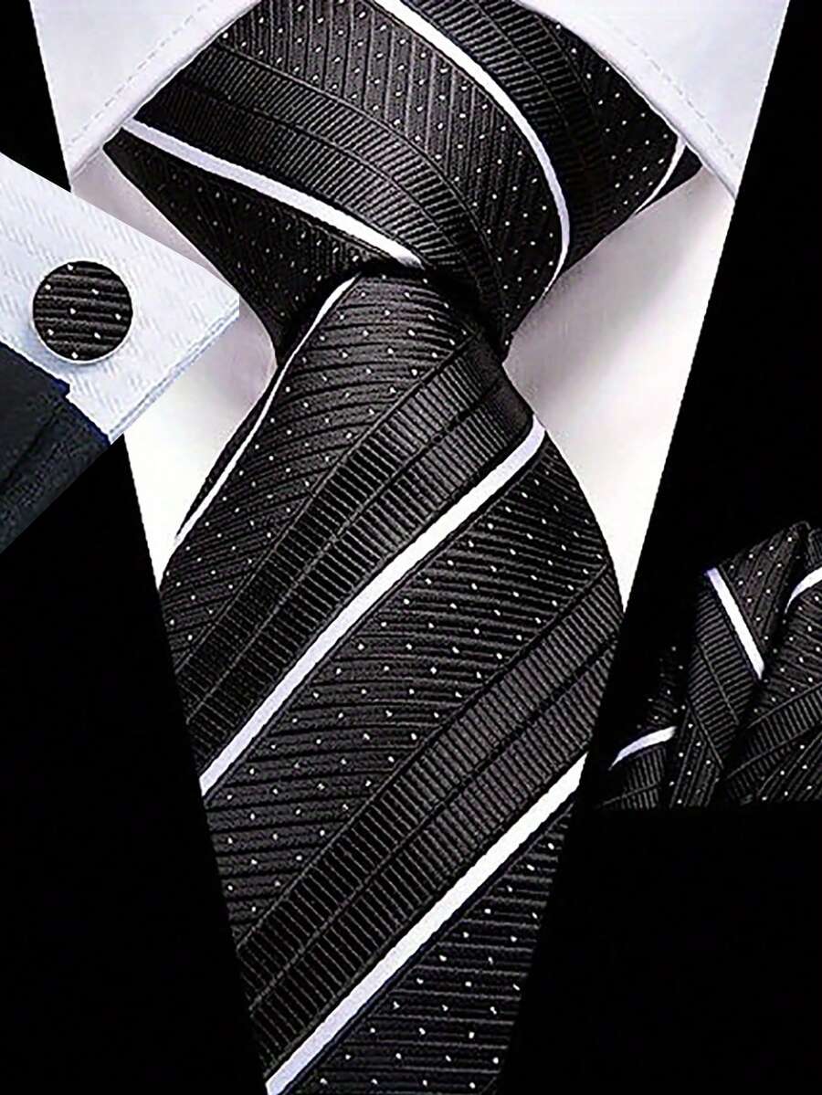 男士领带套装经典时尚领带套装带袖扣适合商务聚会 - 黑與白 - 查看 1