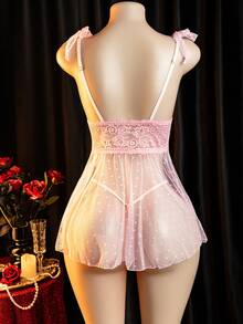 性感粉色透视内衣两件套，含波尔卡圆点网眼娃娃装和丁字裤 - 粉色 - 查看 2