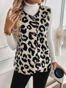 Leopard Print Contrast Color All-Over Print Button Decor Contrast Trim Sleeveless Women Coats