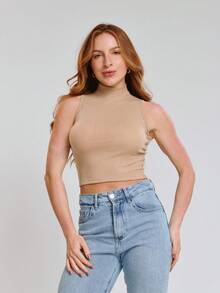 Kit With 3 Cropped High Neck Ribbed Women's Blogger Blouses - xanh lá cây/nude/xanh nước biển - Xem 7