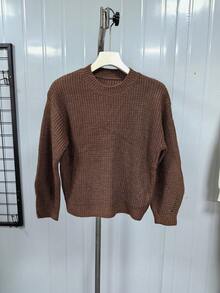 1pc Girls Casual Thick Pullover Sweater, Comfortable Student Knitwear For Autumn/Winter - Soft & Comfortable Solid Color Sweater, Brown Knitted Sweater