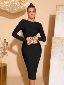 Sexy Women's Long Sleeve Backless Zipper Bodycon Mid-Length Party Dress - Black - View 7