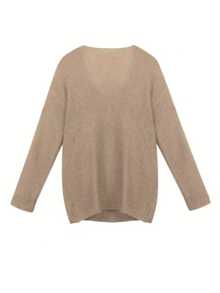 宽松纯色V领超大款休闲透气舒适女士度假毛衣 - 卡其色 - 查看 3