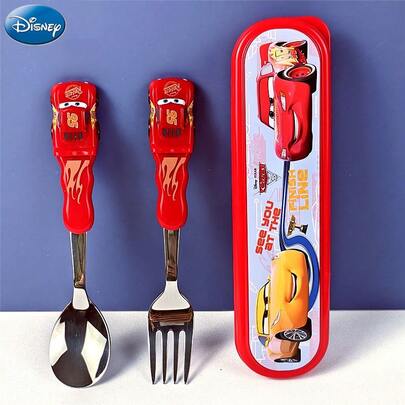 Disney 一套两件迪士尼官方授权汽车总动员红色麦昆卡通疯狂动物城：朱迪/玩具总动员：巴斯光年3D立体勺叉套装，防滑手柄，便携收纳，经久耐用，适合户外野餐、幼儿园和家庭聚餐，卡通人物设计，生日派对餐具，青少年餐具，餐厅礼品，赛车梦想，闪电速度，PP材质，生日赛车派对，返校季，生日圣诞节