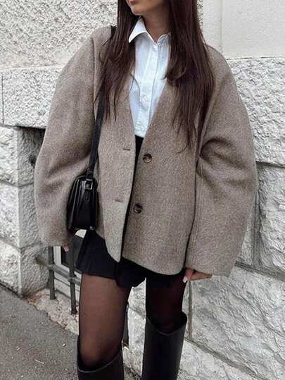 新款秋冬双面粗呢落肩长袖短款外套优雅街头羊毛短款外套