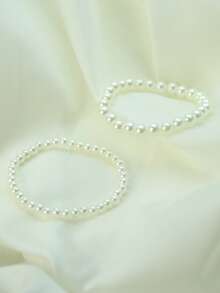 2 件套仿珍珠串珠手链，优雅的波西米亚风格珠宝礼物，适合女孩/女士，可调节弹性手镯适合任何场合 - 白色 - 查看 5