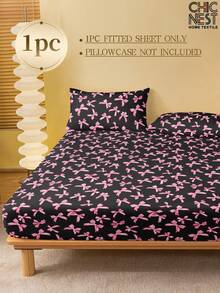 1pc Black & Pink Plaid Bow Pattern Fitted Sheet, Mattress Protector, Valentine's Heart Mattress Cover, Soft & Breathable Bedsheet, Fits Twin, Full, Queen, King Size Beds, Deep Pocket Design, Home Textile, Suitable For Dorm Beds - Black - View 2