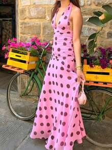 Women Chiffon Polka Dot Printing Halter Elegant Sleeveless Backless Skinny Pleated Beach Evening Party Maxi Dress - 粉色 - 查看 3