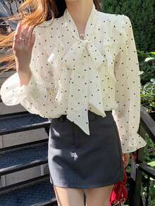Summer New Ruffle Polka Dot Long Sleeve Blouse, Loose Bowknot Tie-Up Shirt TOPS For Women