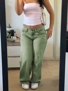 Women's Fashion Casual Straight Leg Jeans, Medium Stretch Fabric - Army Green - View 5