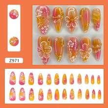 24Pcs Flower Press On Nails Medium Almond Fake Nails With 3D Floral Pearl Charms Design Orange Red Gradient Full Cover False Nails Cute Spring Summer Glue On Nails Stick On Nails For Women - Nhiều màu - Xem 2
