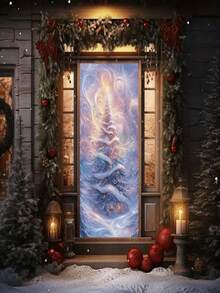 1 Stück 2D Banner, magische traumhafte Szene mit Weihnachtsbaum, Weihnachts-Türbanner Dekoration, Polyestermaterial 90*180cm, ohne Strom, multifunktionale Heim- und Outdoor-Feiertags-Dekoration