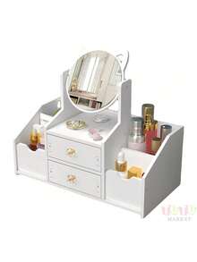 Caja de almacenamiento de cosméticos blanca de 1 pieza, Caja de almacenamiento de cosméticos de dos capas, caja de almacenamiento de joyas, estante para el cuidado de la piel, tocador, caja de exhibición de cosméticos, tocador con espejo y cajón con forma de oreja de gato, espejo de maquillaje, puede almacenar productos para el cuidado de la piel, cosméticos, joyas, cuidado de uñas, lápiz labial, etc., adecuado para tocadores, vestidores y dormitorios - Blanco - Ver 10