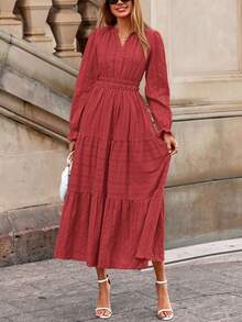 Women's  Fall Wedding Guest Dresses Long Sleeve V Neck Flowy Elegant Holiday Party Maxi Dress With Pockets - Đỏ gạch - Xem 4