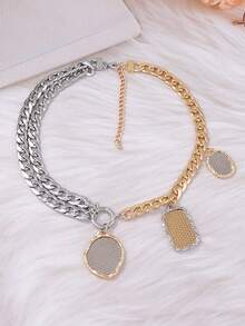 1pc Exaggerated Geometric Coin Badge Pendant Multi-Layer Necklace, Luxurious Retro Design Fashion Accessory - Badge Layered Necklace - View 5