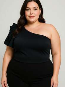 Women's Plus Size Suplex Crop Top With Padded Mule Sleeve With Ruffle - Negro - Ver 2