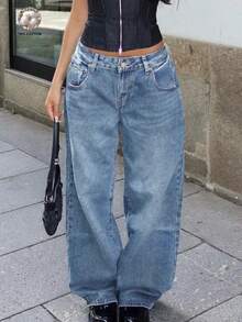 Women's High Waist Casual Y2k Streetwear Baggy Distressed Vintage Washed Wide Leg Jeans - Rửa trung bình - Xem 2