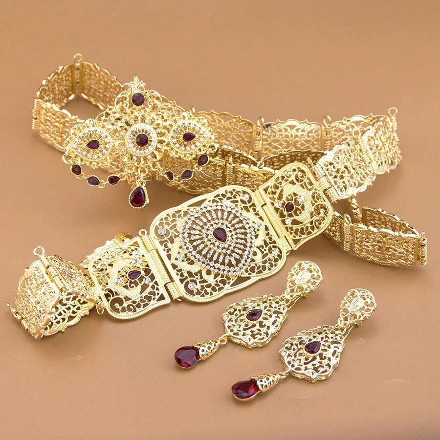1 Set Elegante di Gioielli Medio Orientali Marocchini per Donna, Composto da Cintura in Vita, Orecchini e Spilla, Ciondolo a Goccia, Strass Colorati Intarsiati, Motivo Floreale Arabo Cavo, Adatto per Matrimoni Tradizionali e Festività