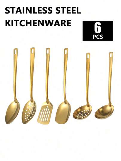 Set di posate in acciaio inox da 6 pezzi, tra cui cucchiaio da minestra, scolapasta, cucchiaio da tavola, spatola, ecc. Contiene tutto ciò di cui hai bisogno e risolve tutte le tue esigenze contemporaneamente, rendendolo ideale per riunioni, feste, case, cucine, hotel, buffet e materiale scolastico.