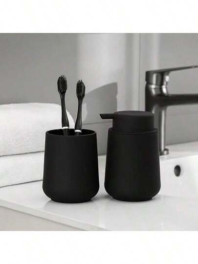 1/2pcs Matte Black Bathroom Accessories - Modern Minimalist Style, Including Plastic Soap Dispenser And Toothbrush Holder, Reusable For Shampoo, Body Wash, Hand Soap Refill Bottles, Modern Bathroom, Kitchen, Hotel Countertop Decor