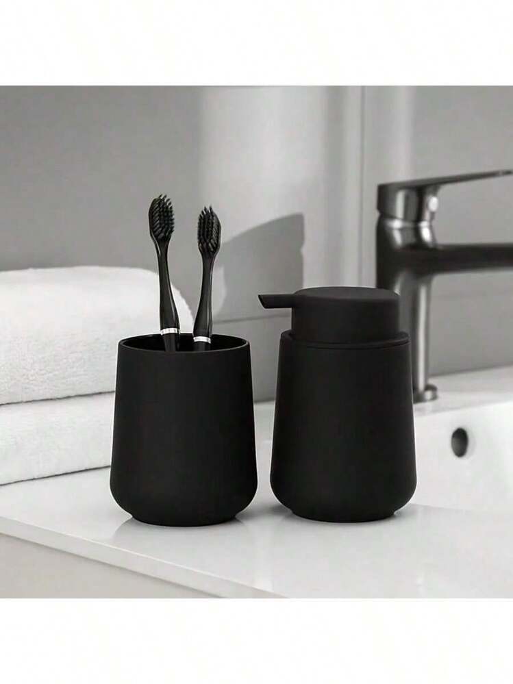 1/2pcs Matte Black Bathroom Accessories - Modern Minimalist Style, Including Plastic Soap Dispenser And Toothbrush Holder, Reusable For Shampoo, Body Wash, Hand Soap Refill Bottles, Modern Bathroom, Kitchen, Hotel Countertop Decor - Multicolor - View 1