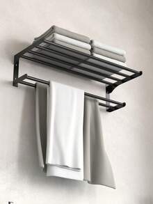 1 pieza Toallero de baño - Diseño moderno de doble capa, montado en la pared, sin necesidad de perforar, estantería de ducha, almacenamiento de baño para toallas, batas de baño, accesorios de ducha, ideal para almacenamiento de baño, estructura ahorradora de espacio, adecuado para uso doméstico y hotelero Accesorios de baño Herramientas de baño - Negro - Ver 2