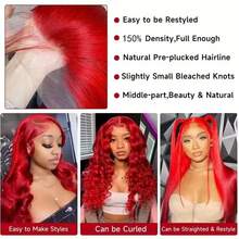 Peruca de renda reta de 28/30/32 polegadas 13x6, cabelo humano frontal vermelho quente, pré-arrancado, linha capilar natural