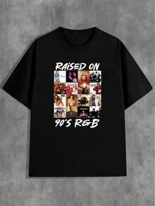 90s Music Pattern T-Shirt, Crew Neck Short Sleeve Casual Knitted Top, "RAISED ON 90'S R & B" "RAISED ON 90'S R & B" Text Print Pattern T-Shirt, Album Cover Collage |   Music Pattern T-Shirt |   Soft Textured Cotton T-Shirt - màu đen - Xem 1