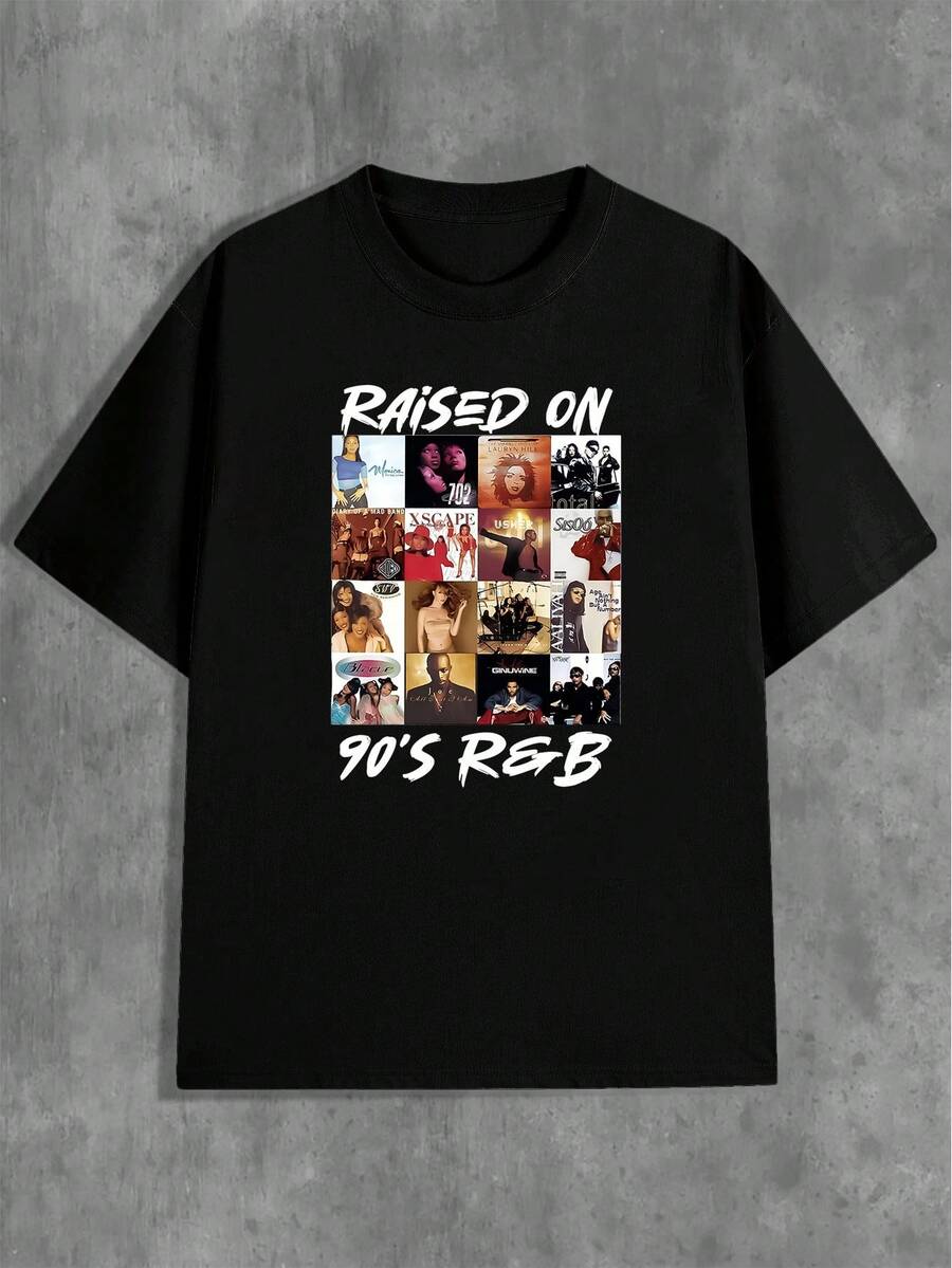 90s Music Pattern T-Shirt, Crew Neck Short Sleeve Casual Knitted Top, "RAISED ON 90'S R & B" "RAISED ON 90'S R & B" Text Print Pattern T-Shirt, Album Cover Collage | Music Pattern T-Shirt | Soft Textured Cotton T-Shirt - màu đen - Xem 1