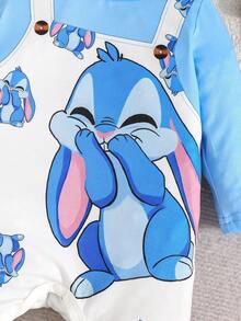 婴儿卡通兔子印花长袖连体衣，休闲连体衣 - 藍色 - 查看 4
