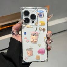 Funda con forma de cubo de postre de té con leche compatible con los modelos 12, 13 Pro, 14, 15 y 16 Pro/Plus. Cuenta con un diseño anticaídas integral, un orificio grande y un marco de espejo suave. - transparente - Ver 1