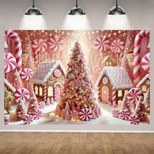 1 pièce Bannière de fond de conte de fées de Noël rose, sans alimentation électrique nécessaire, parfait pour le salon, la chambre à coucher, le bureau et la décoration extérieure, convient pour les fêtes et les cadeaux de vacances, les décorations de Noël, le village enneigé et les arbres en forme de cannes en bonbon, les ornements de Noël