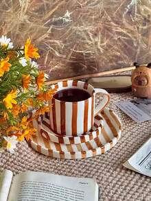 Classic Striped Ceramic Coffee Cup & Saucer Set, Nordic Minimalist Retro Homestyle Water Mug, Office Use Latte, Coffee Cup, Cold Brew Tea Cup, Suitable For Middle Eastern Tea, Arabic Coffee, Large Capacity American Coffee Mug, Great Gift For Friends And Relatives