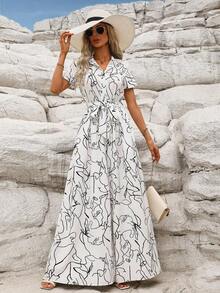 Elegante Monos y Palazzos De Mujer Con Estampado De Grafiti,Mono De Manga Corta Con Botones y Cinturón - Blanco - Ver 1