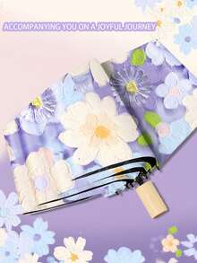 1pc Automatic Folding Umbrella With Floral Oil Painting Design, Black Coating UV Protection, Suitable For Sunny And Rainy Days