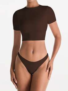 XLLAIS Small Round Neck Short Sleeve Fitted Sport T Shirt Cooling Layer Cute Summer Crop Tops 2025 - Dark Brown - View 4