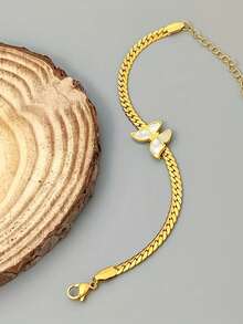 RAYQUEEN 1 pieza Conjunto de collar y pulsera de metal minimalista de alta calidad con mariposa blanca única y de moda, adecuado para uso diario - Dorado - Ver 2