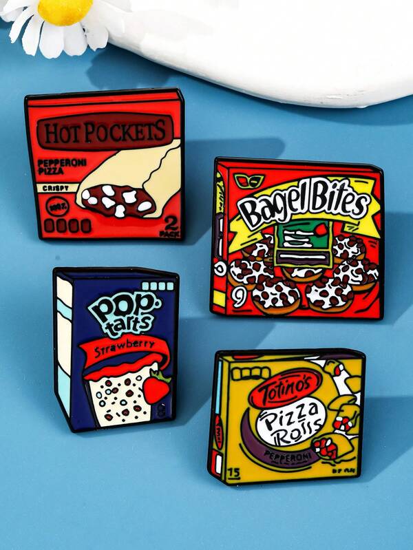 1/4pcs American Fast Food Snack Badges: Classic American Cuisine "Box" Collection, American Fast Food "Box" Style Badges, Snack Memories, Fashionable Unisex Food Badges For Pizza, Chips, Egg Rolls, American & European Style Clothing Pins