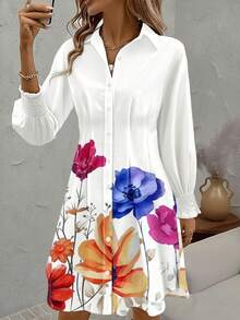 Damen Blumen Muster Lässig Boho Knopfleiste Strandkleid