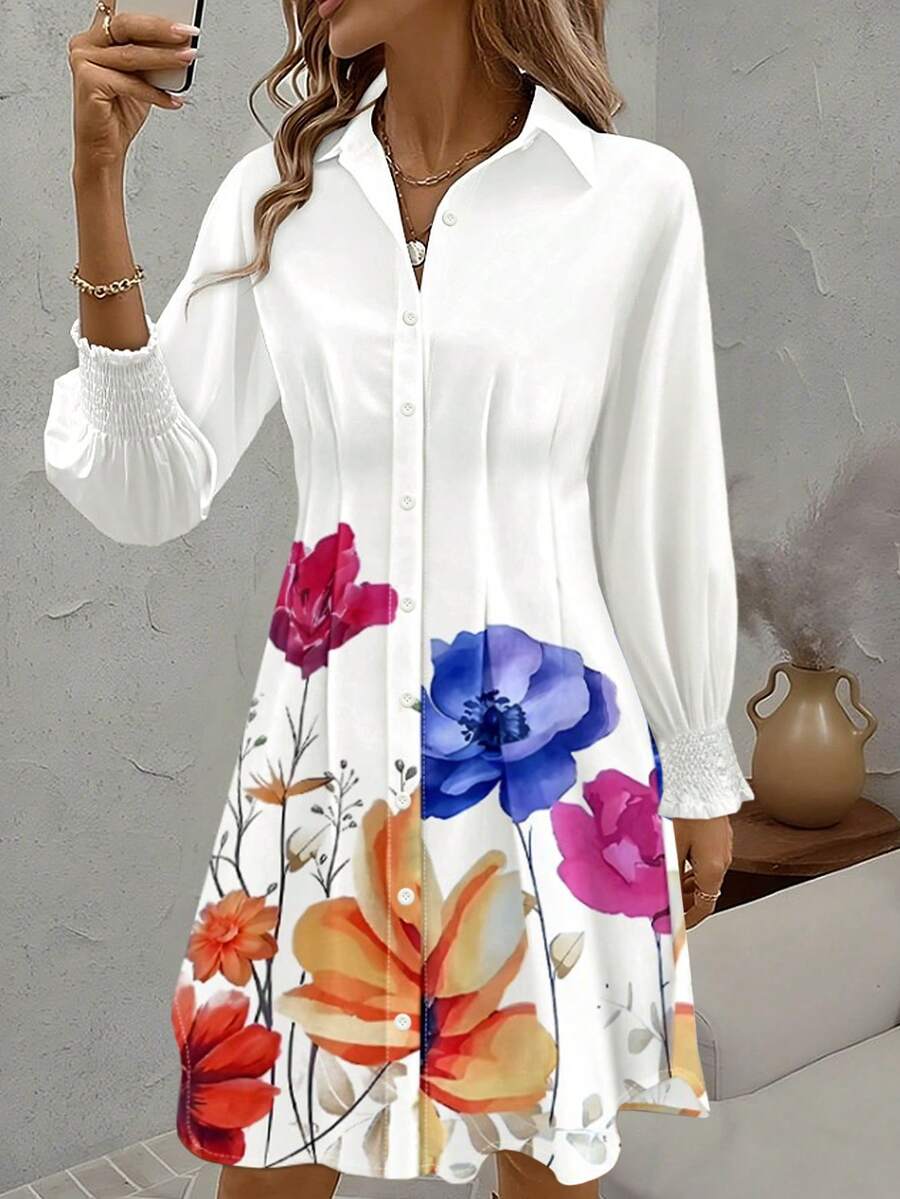 Damen Blumen Muster Lässig Boho Knopfleiste Strandkleid