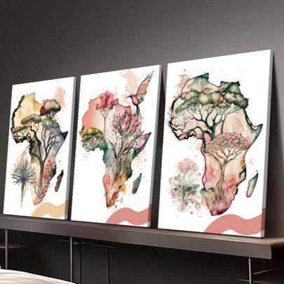 3 st. trärams canvastavla dekorativ målning, Afrika karta akvarell, Sydafrika, kungblomma design clipart, färgglad växt- och fågelillustration, afrikansk kontinentkonst, väggdekorationskonst för inomhusbruk